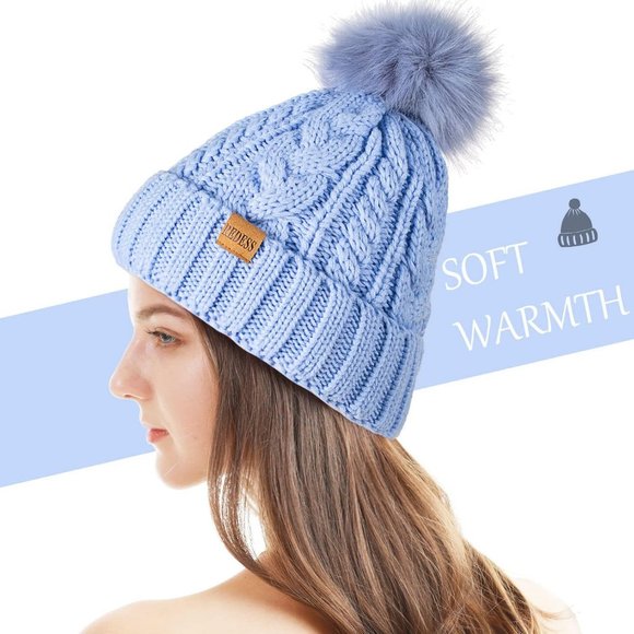 Womens Winter Warm Fleece Lined Knitted Soft Ski Cuff Beanie Hat with Pom Pom - Picture 3 of 6